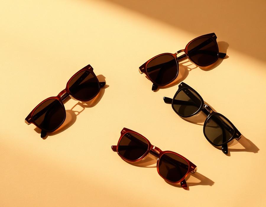 Product photography of sunglasses on a cream backdrop